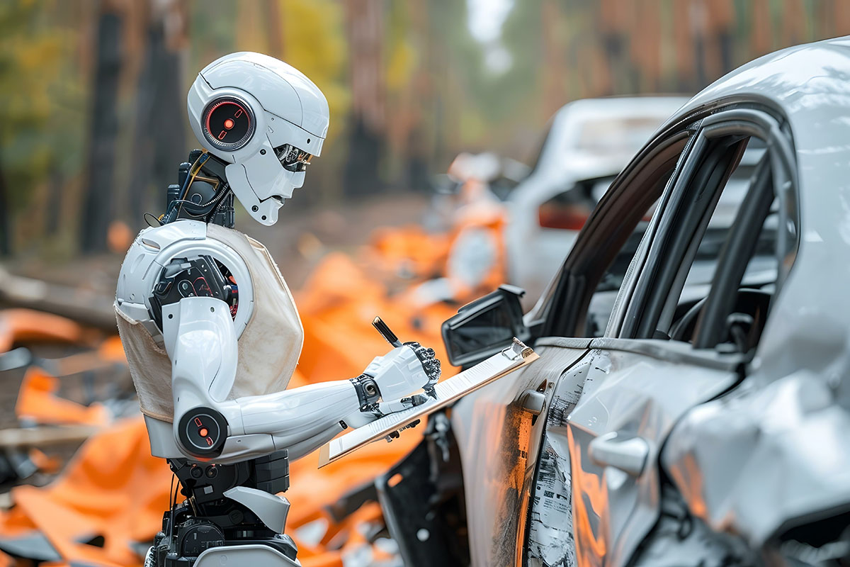 Side view of humanoid robot writing on clipboard while examining Generative AI in insurance