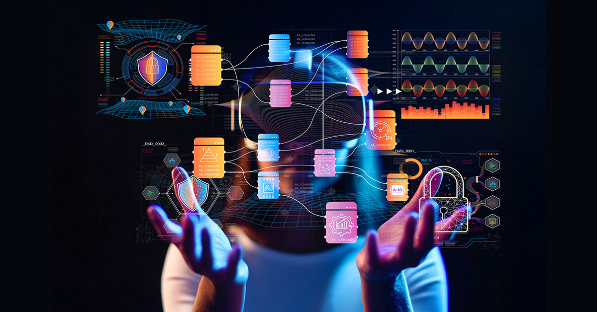 Futuristic 3D Representation of Data Security and Virtual Interaction with Floating Digital Interfaces and Visualized Information Technology Concepts Subscription in e-commerce - illustrative image