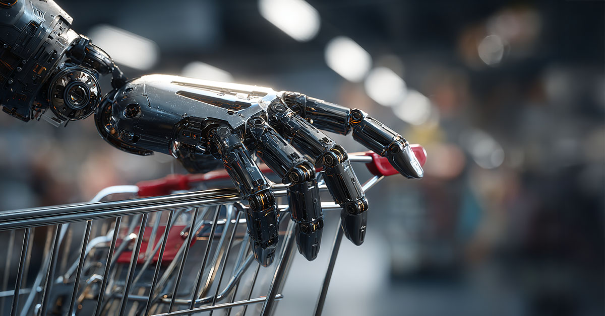 Agentic Commerce - A robot hand holding a shopping cart