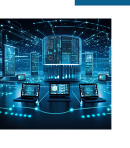 Graphic Representation of Multiple Computers Networked Over the Data management, data governance, MDM, personalization