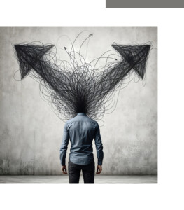 a man with a head that looks like a scribbled arrow, pointing in