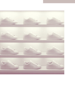 White sneakers lined up symmetrically on glowing shelves, presenting clean retail design with modern, minimalist aesthetic in sleek footwear showcase